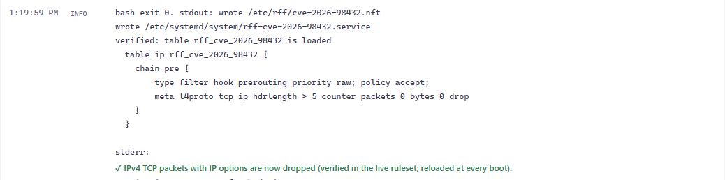 RFF job output on Ubuntu 26.04: the nftables rule written, its boot unit installed, and the table verified in the live ruleset