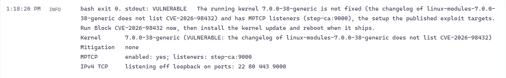 RFF job output on Ubuntu 26.04: VULNERABLE, the kernel changelog doesn't list CVE-2026-98432 and step-ca listens with MPTCP