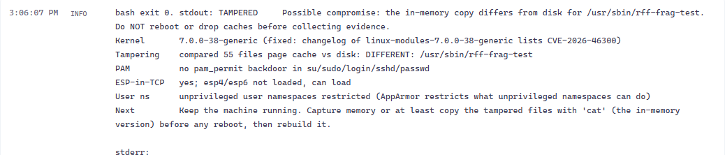 RFF job output: TAMPERED, the in-memory copy of a test file differs from disk, with the instruction not to reboot or drop caches