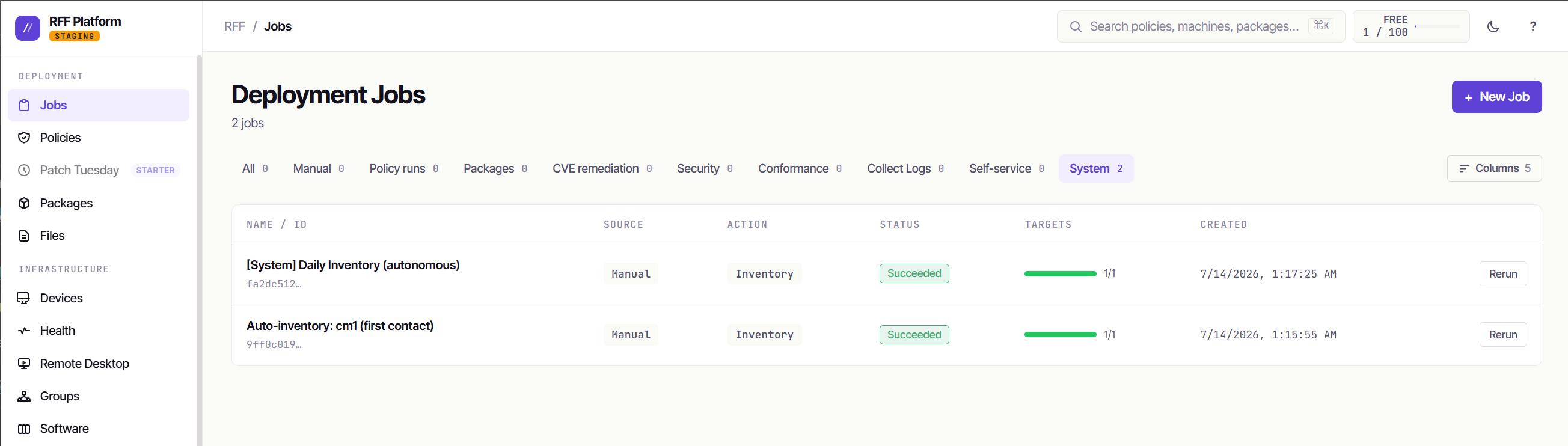 Automatic first-contact jobs queued for the new device - inventory fires without being asked