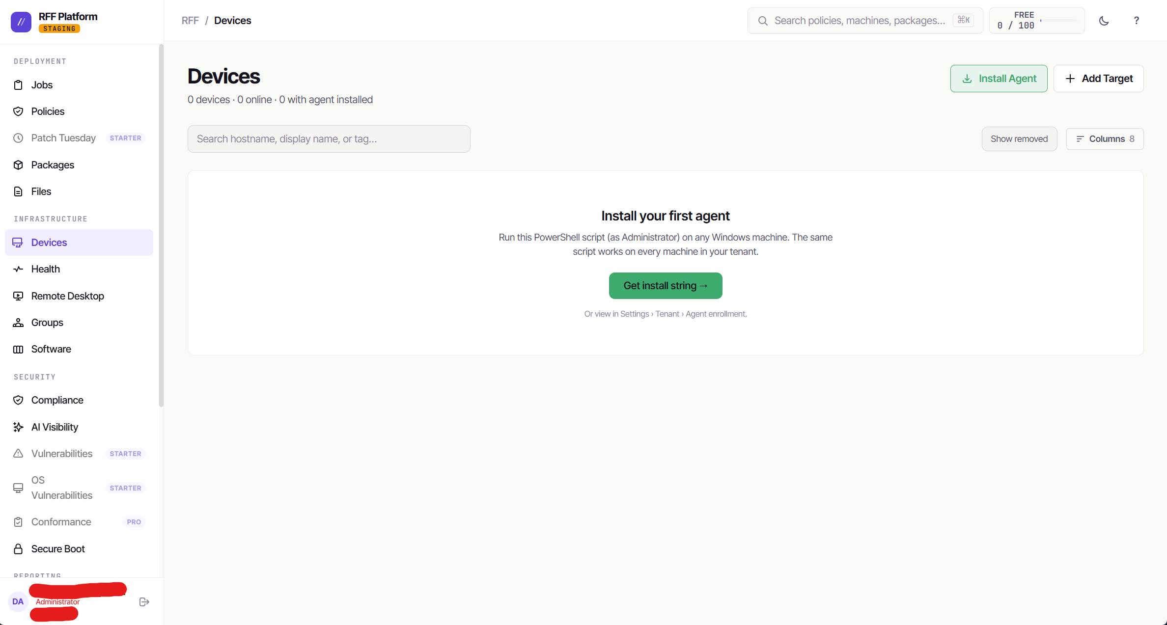The Install Agent modal with the one-time install command ready to copy