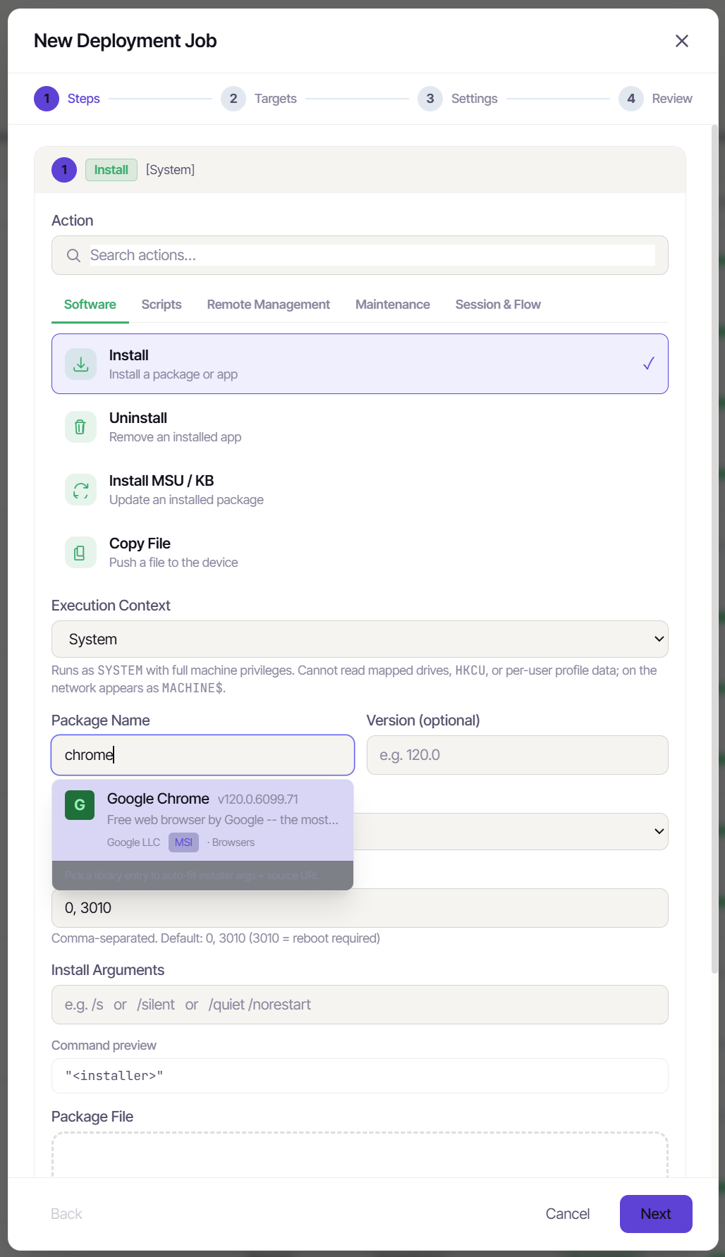 An Install step for Chrome - the library entry filled in source, type, silent args, and exit codes