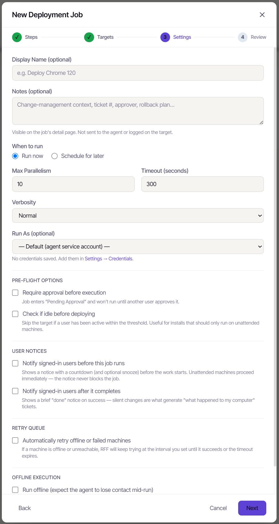 The Settings step - schedule, parallelism, timeout, run-as, notices, and the retry queue