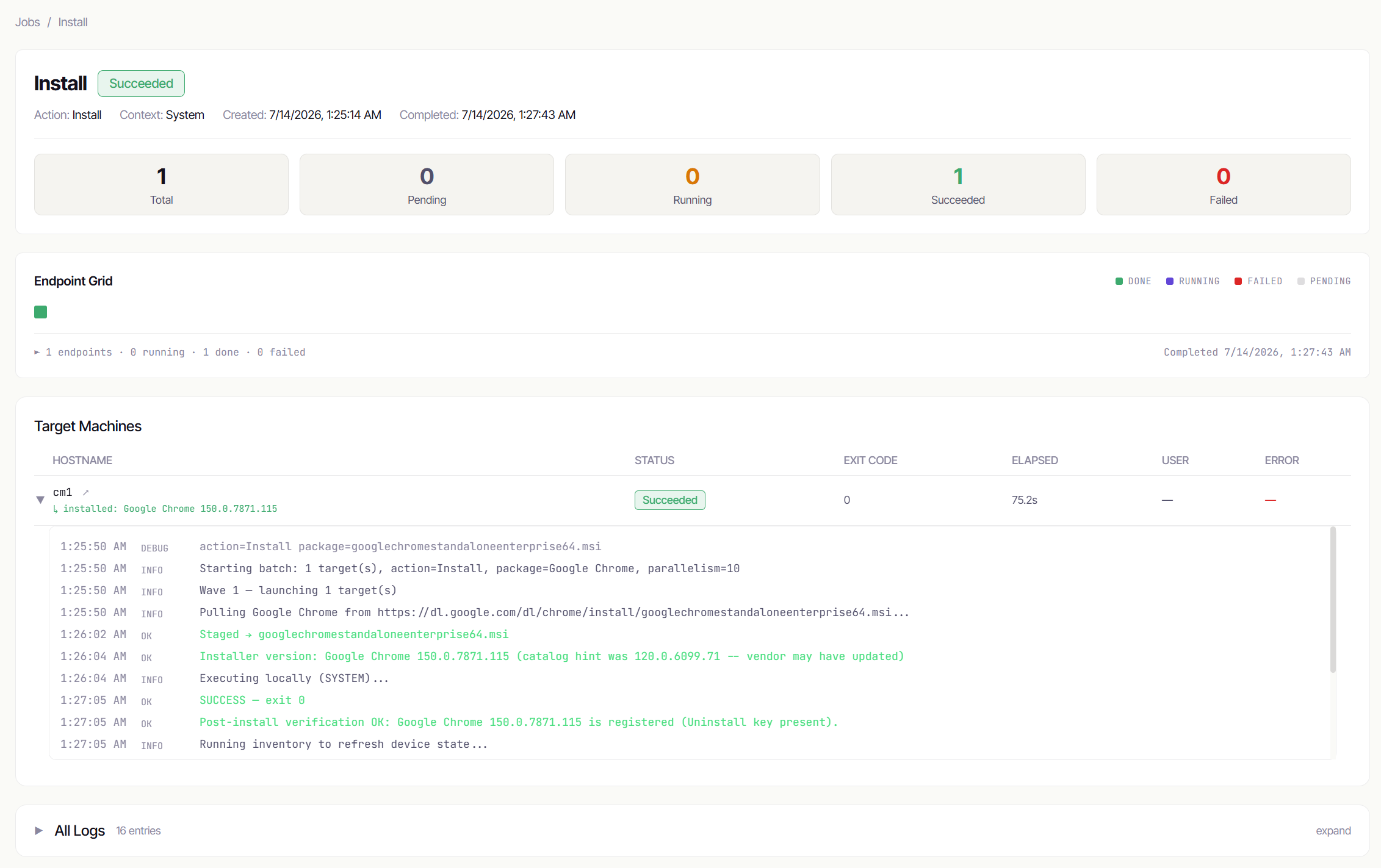 The finished job - Chrome installed and verified, exit code 0