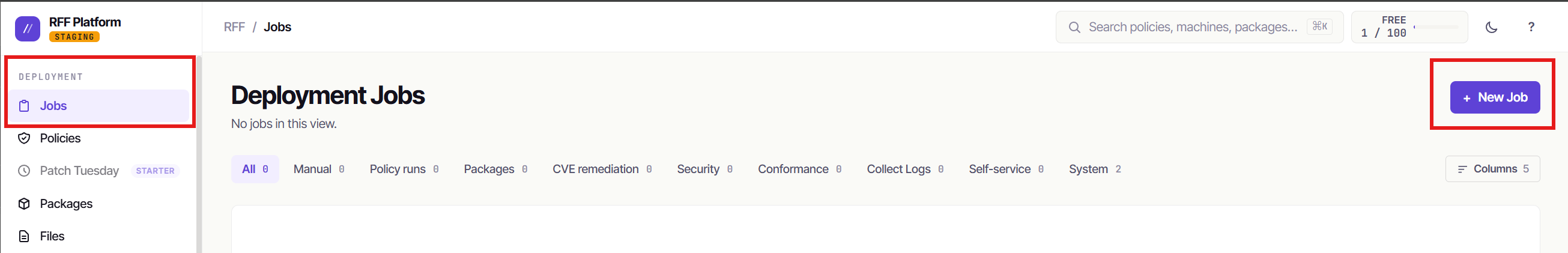 The Jobs page with New Job - where every deployment starts