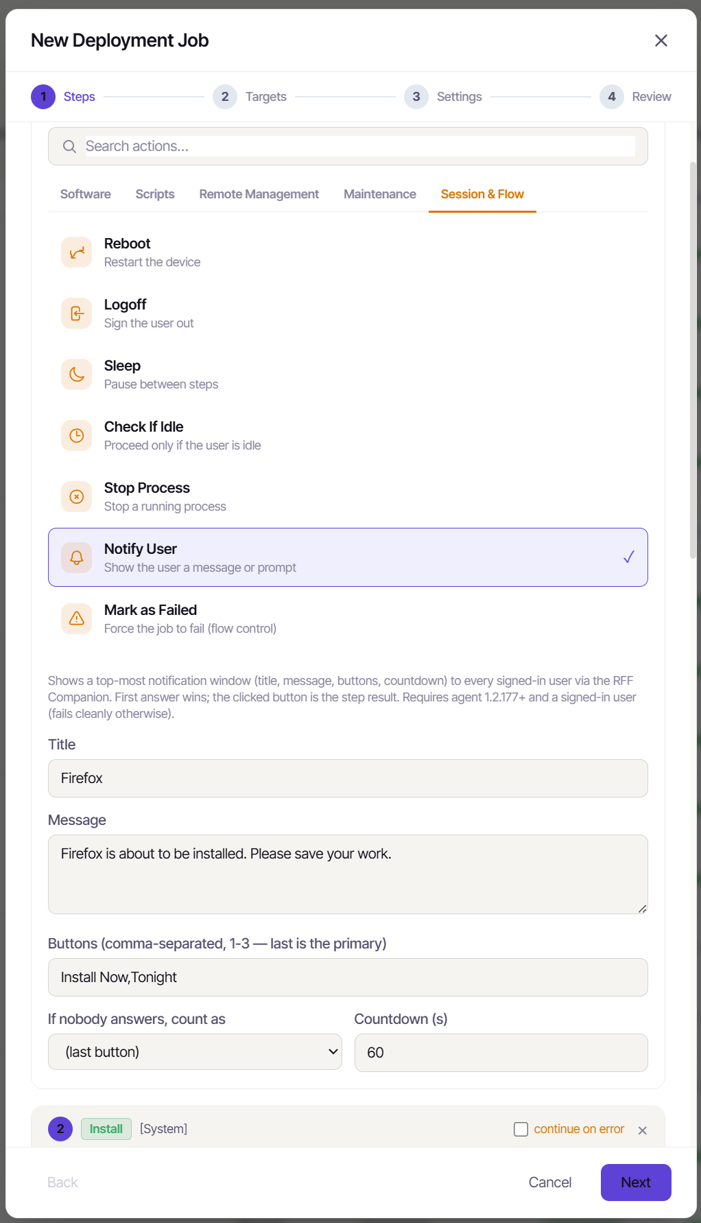 A Notify chooser step - Firefox update, Install now / Tonight buttons, countdown and count-as set