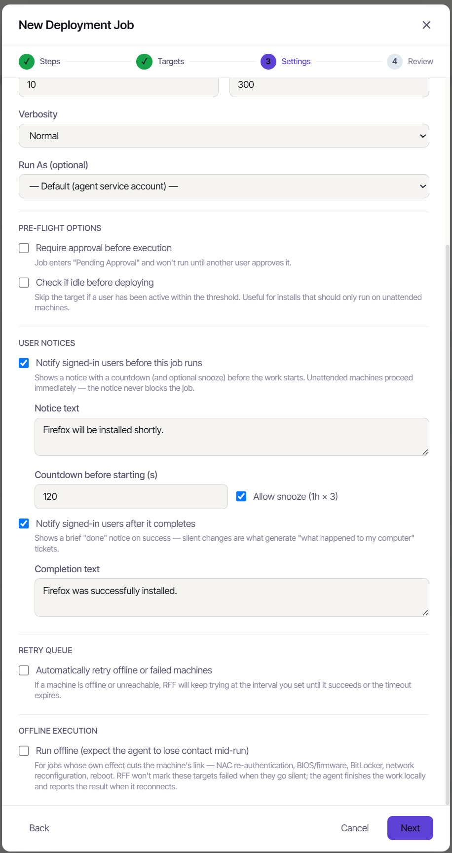The Settings-step user-notice options - notify before, countdown, and Allow snooze