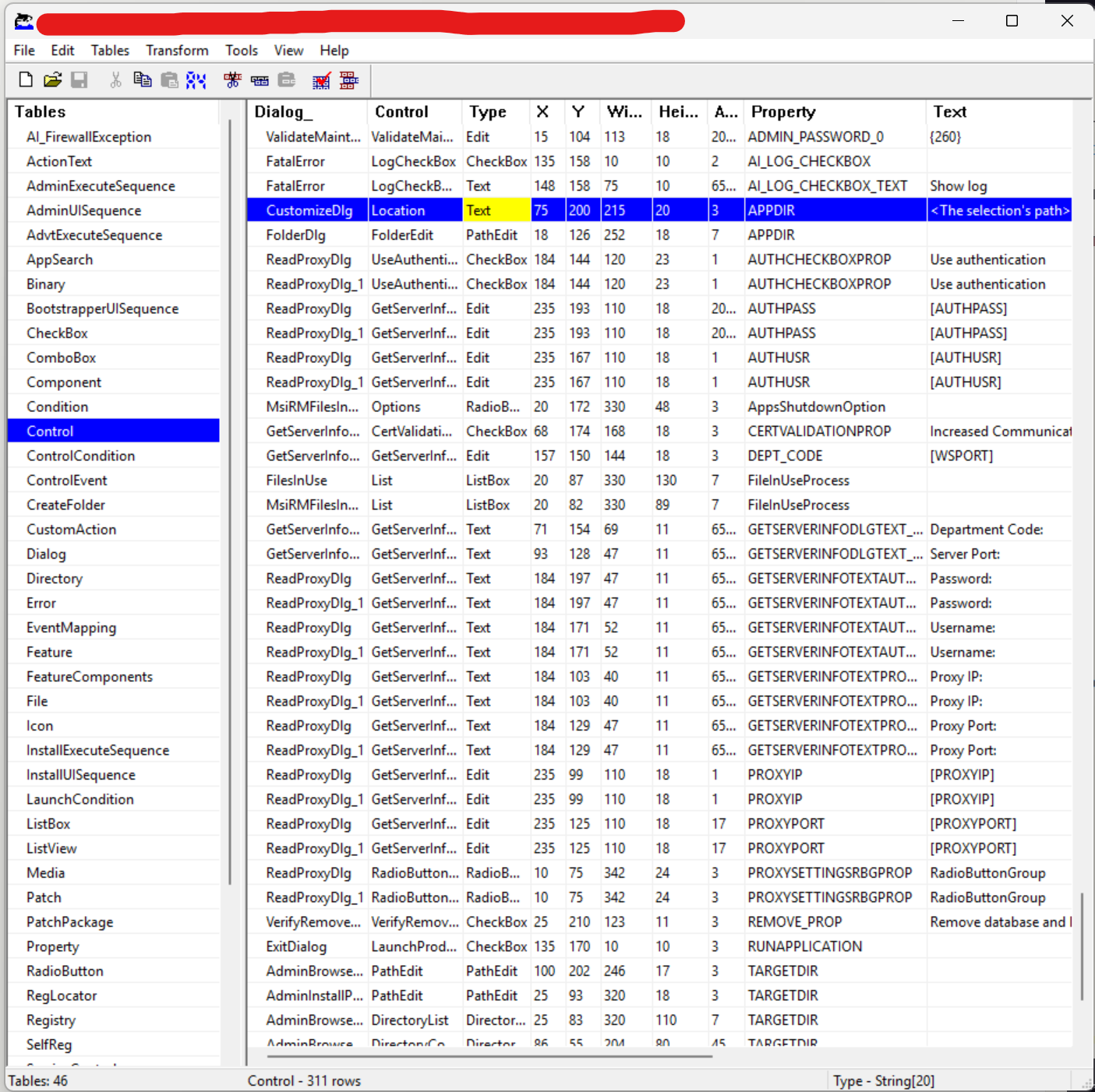 Orca showing a real vendor MSI's Property table - the undocumented install-time knobs live here