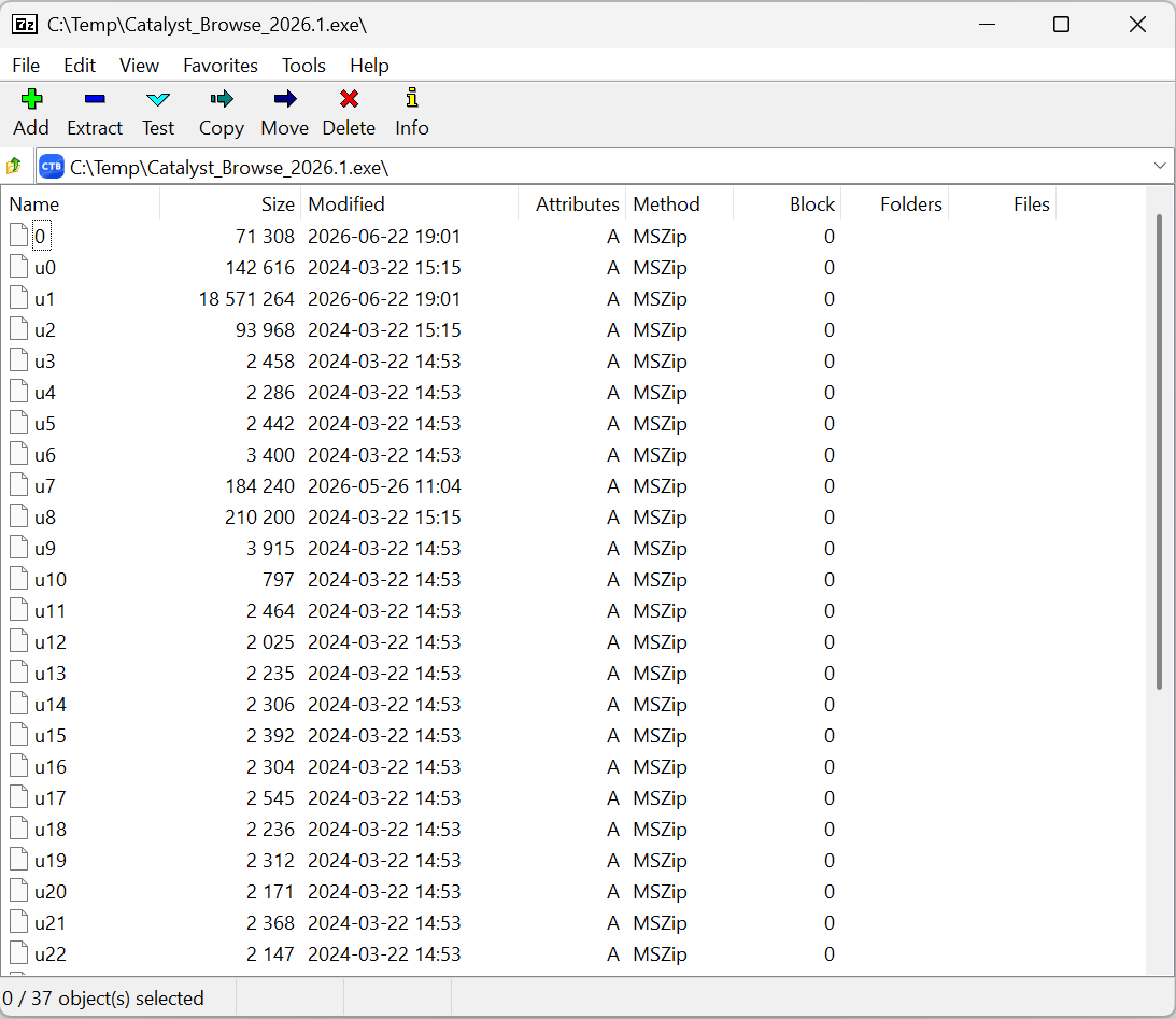 A WiX Burn bundle cracked open in 7-Zip - the inner MSI/EXE install chain the bootstrapper wraps (SwitchHunt reads this same manifest to fingerprint it automatically)