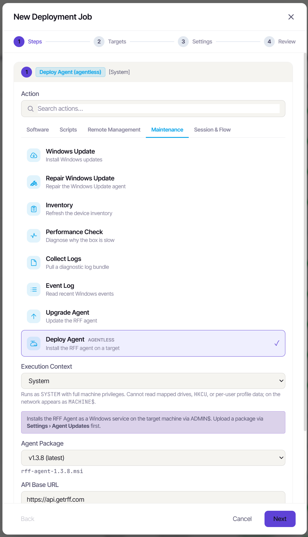Selecting the Deploy Agent agentless action