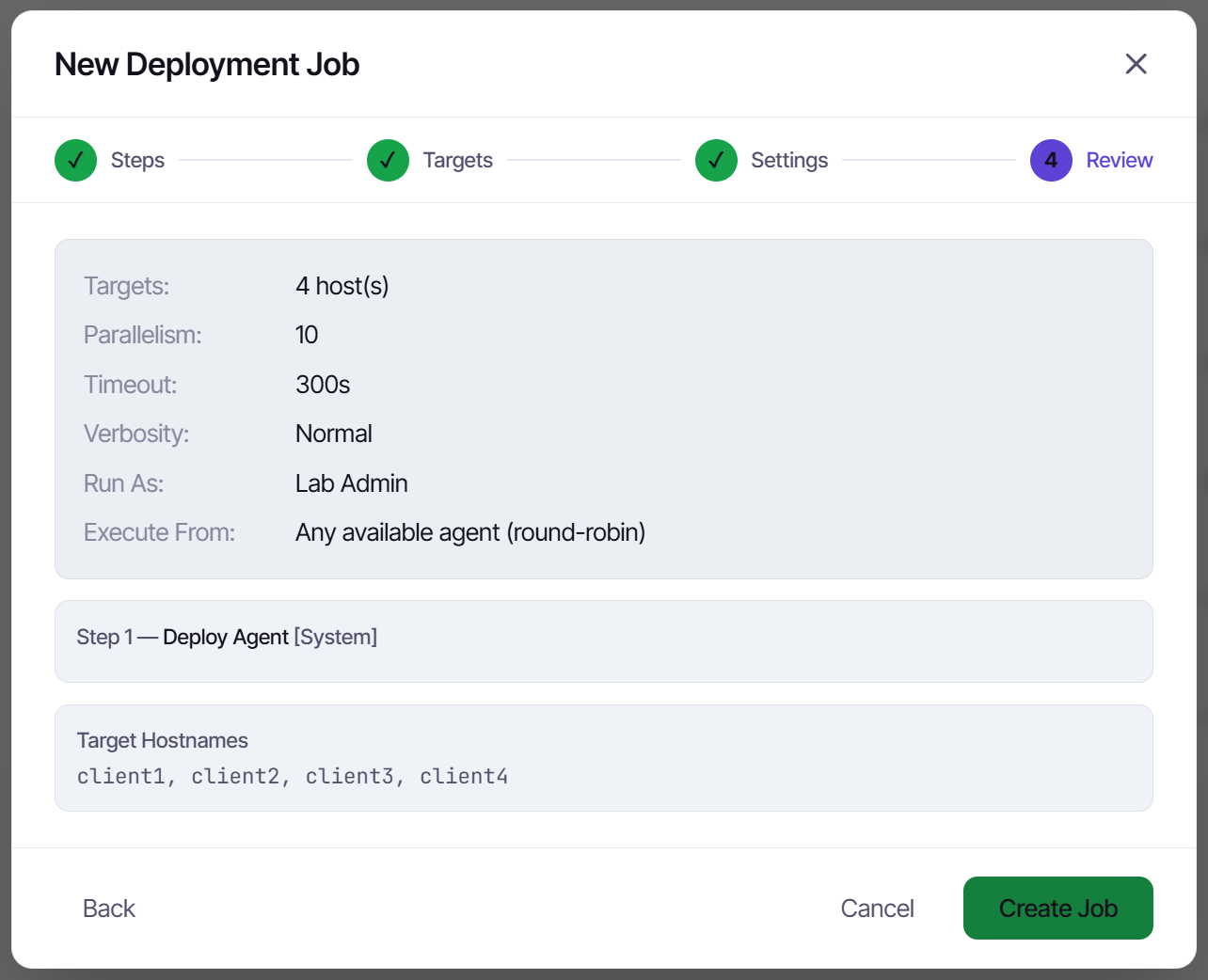 Reviewing the agentless deployment before creating the job