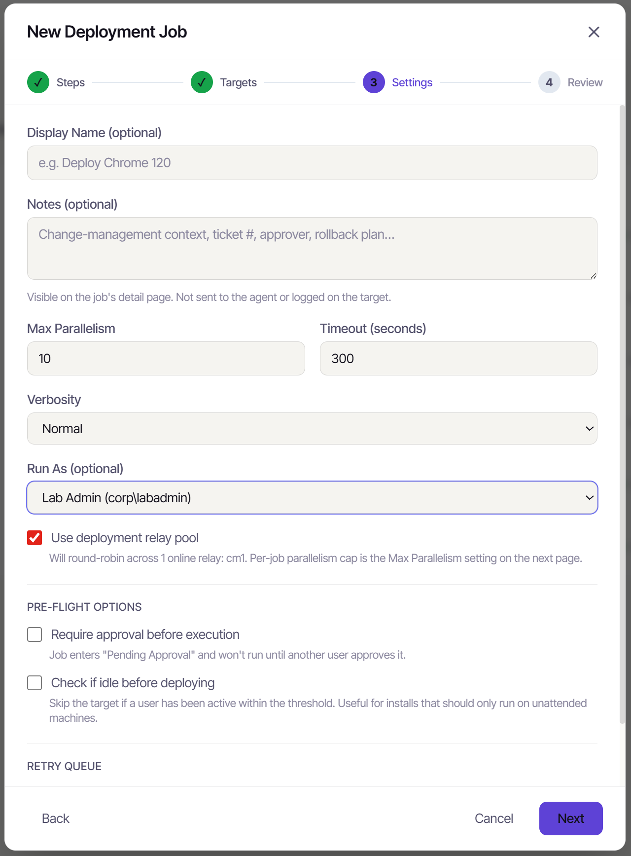 Selecting the stored credential under Run As