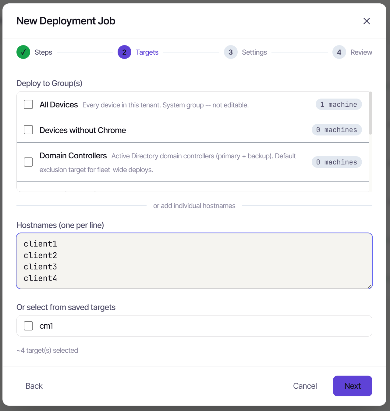 Entering target hostnames for the agentless deployment