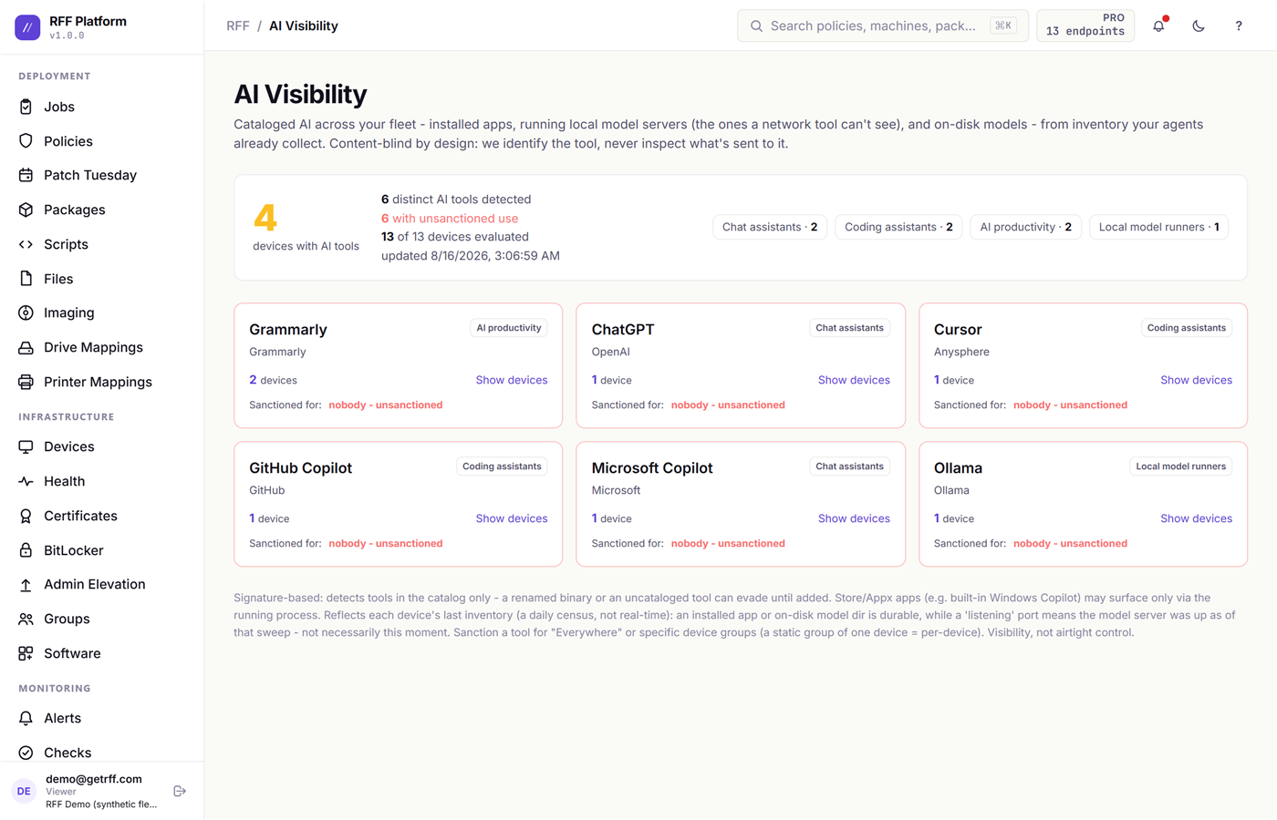The AI Visibility page cataloging AI tools and local model runners across the fleet