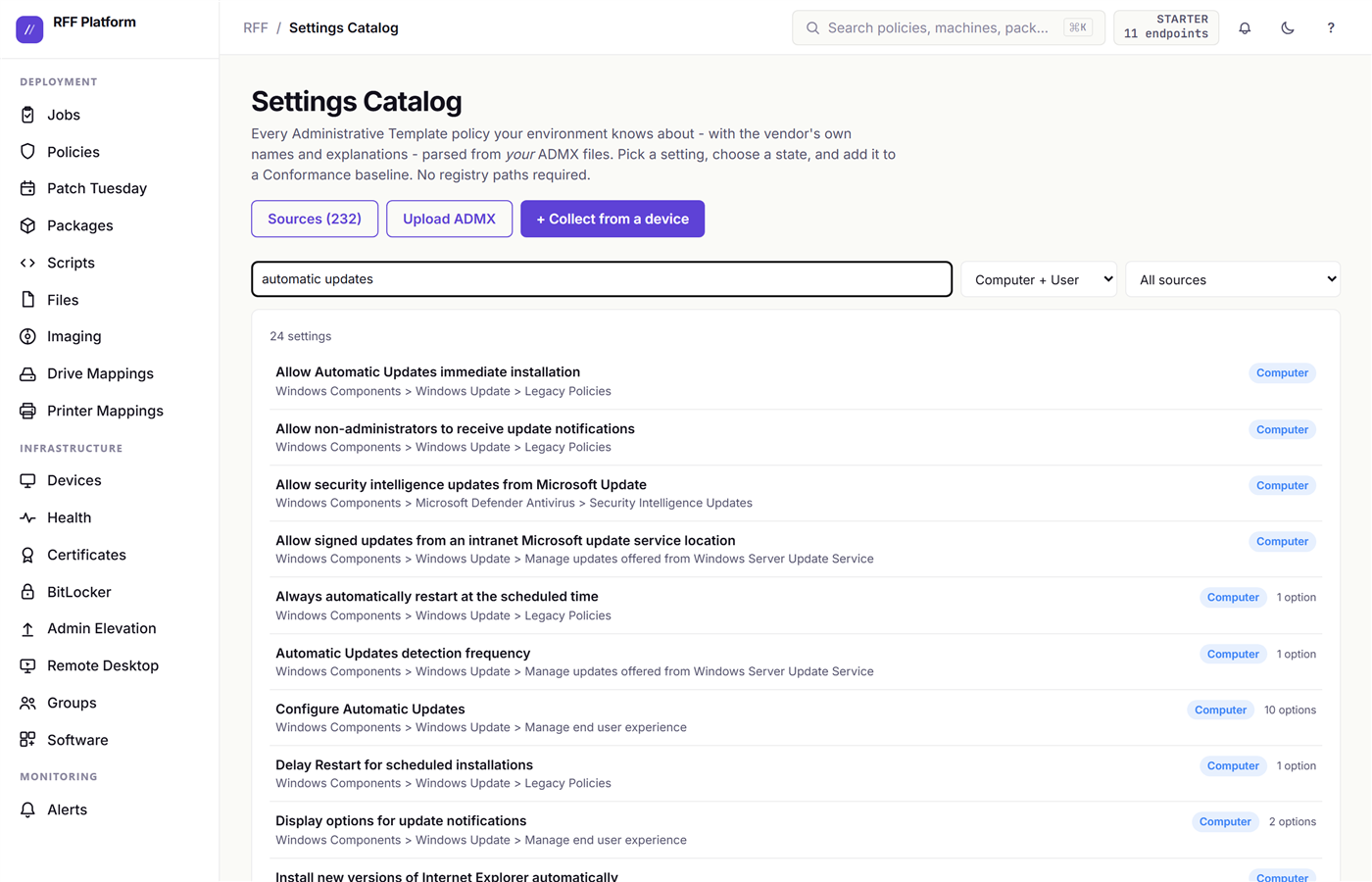 Searching the settings catalog for "automatic updates"