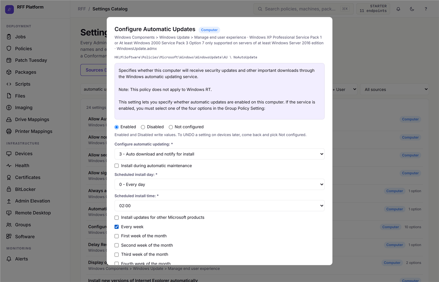 A policy open in the catalog: explanation text, the registry key, Enabled/Disabled/Not configured, and ADMX-driven option dropdowns