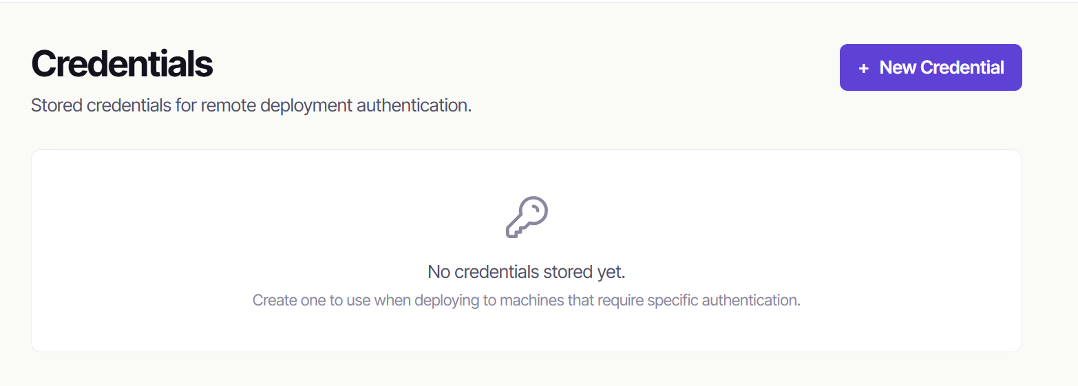 The Credentials page before any credentials are stored