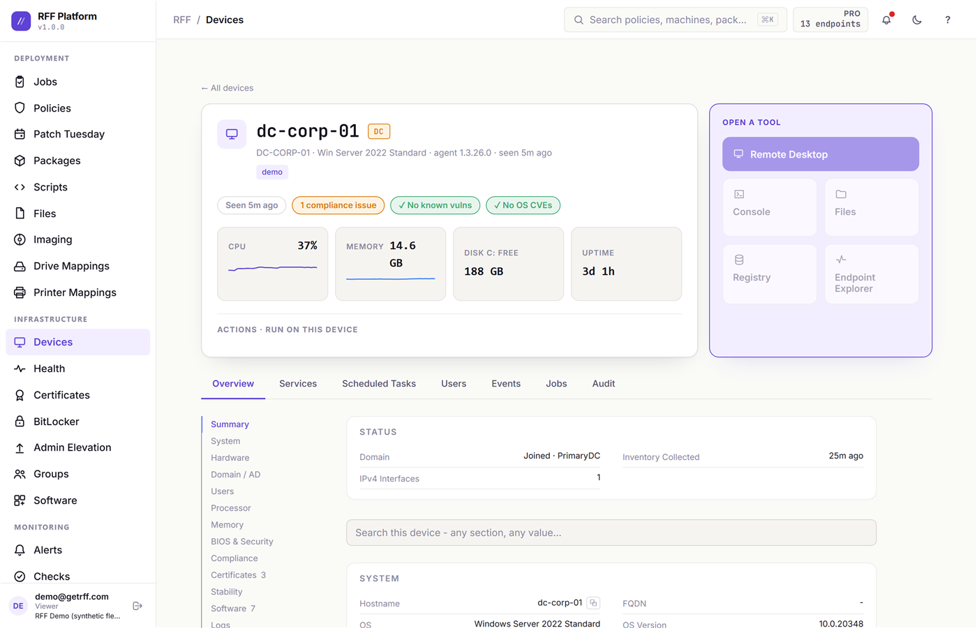 A device detail page: inventory, health, and the remote tool tiles