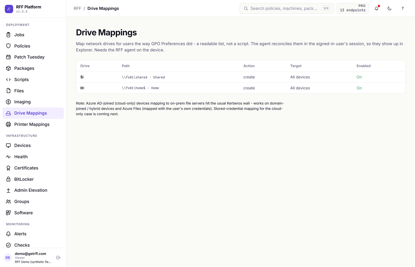 The Drive Mappings page: network drives targeted by device group or user group