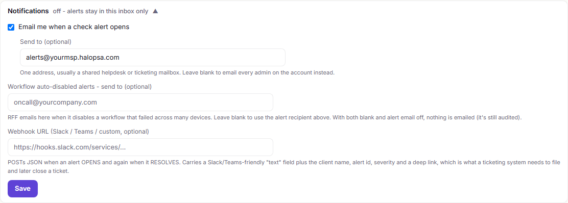 Alerts, Notifications: alert email on and sent to the Halo intake mailbox, ready to Save