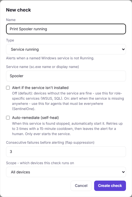 A Service running check on the Print Spooler: stop the service to open an alert, start it to resolve it