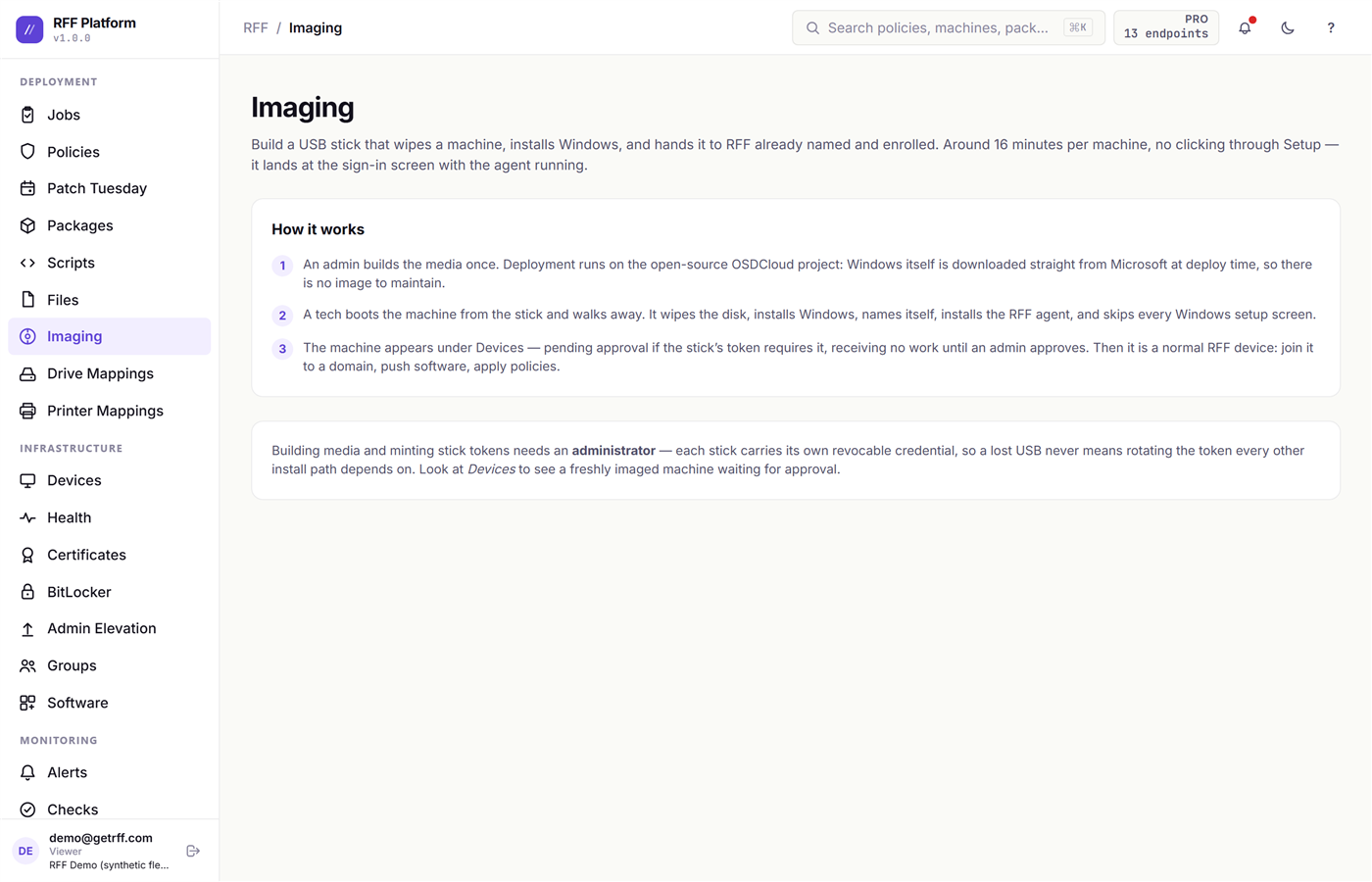 The Imaging page: build a bootable USB that installs Windows and enrolls the machine