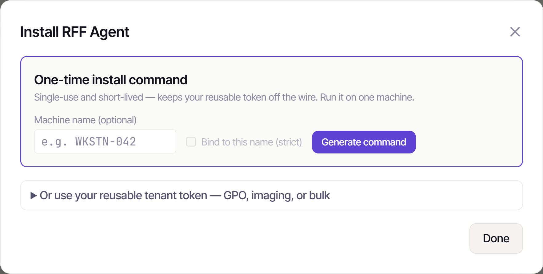 The one-time install command modal