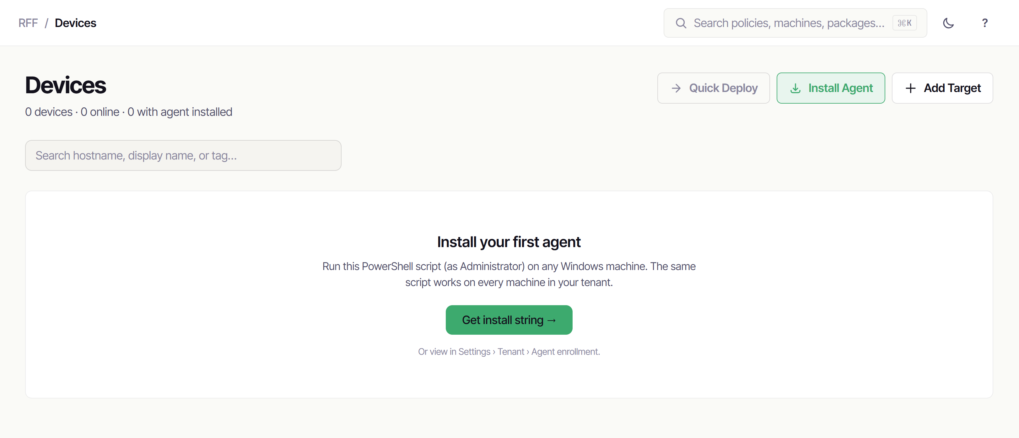 The Devices page empty state with the Install Agent button