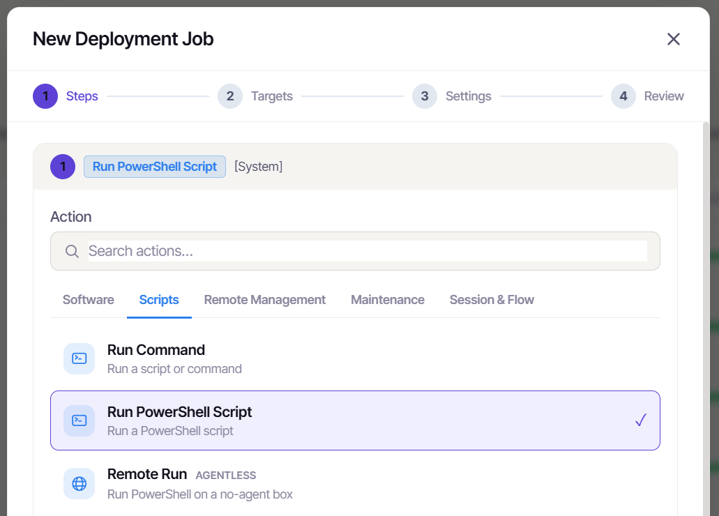 The action picker - actions grouped into families, agentless ones badged