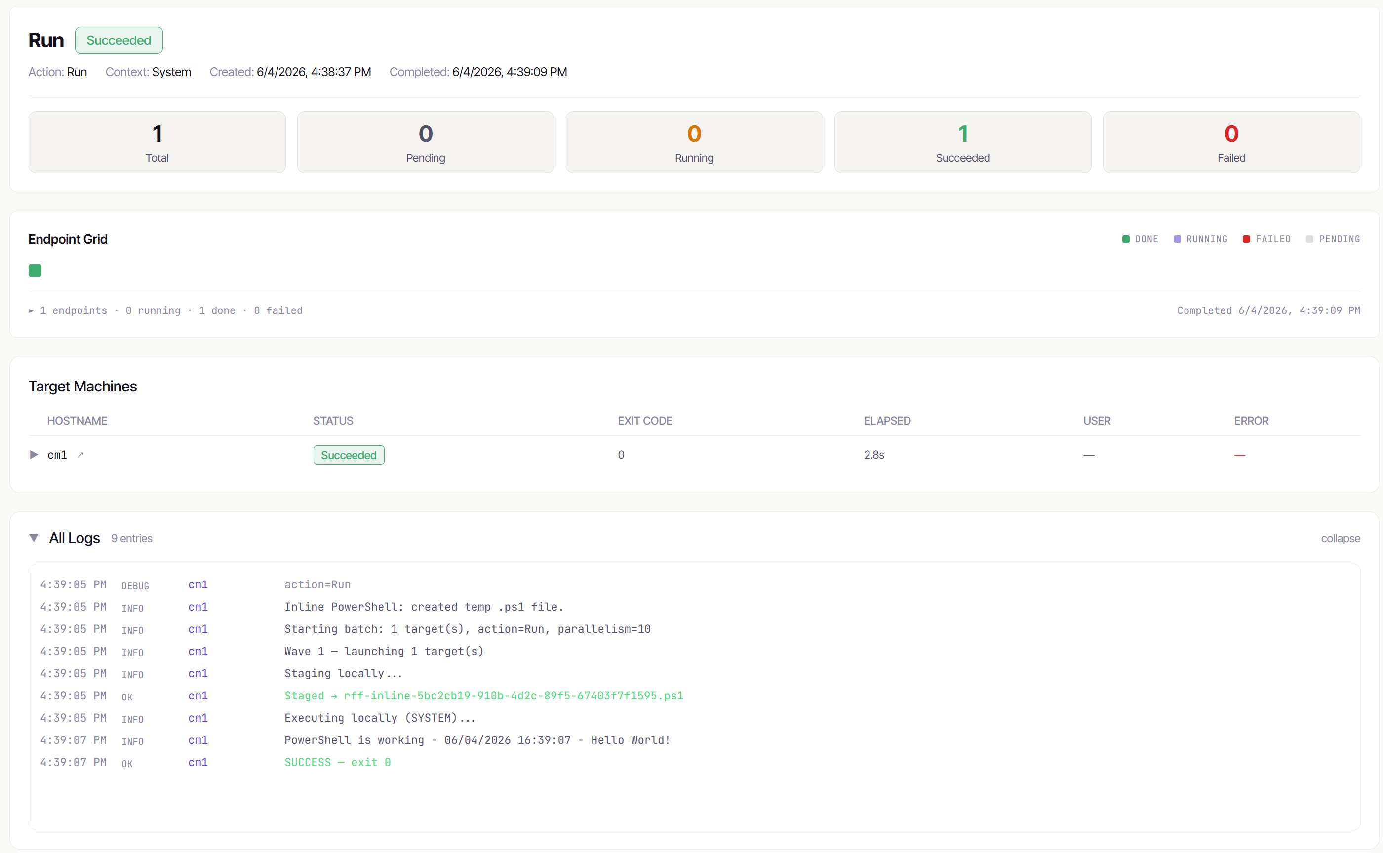 A completed job showing successful output