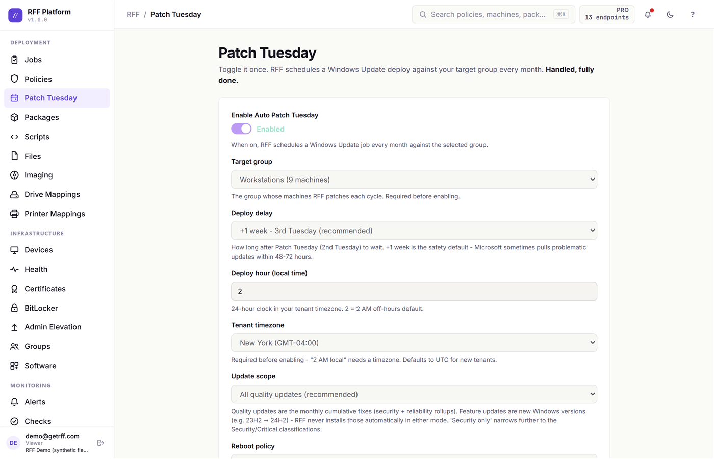 The Patch Tuesday page: automation toggle, deferral window, and the ring rollout plan