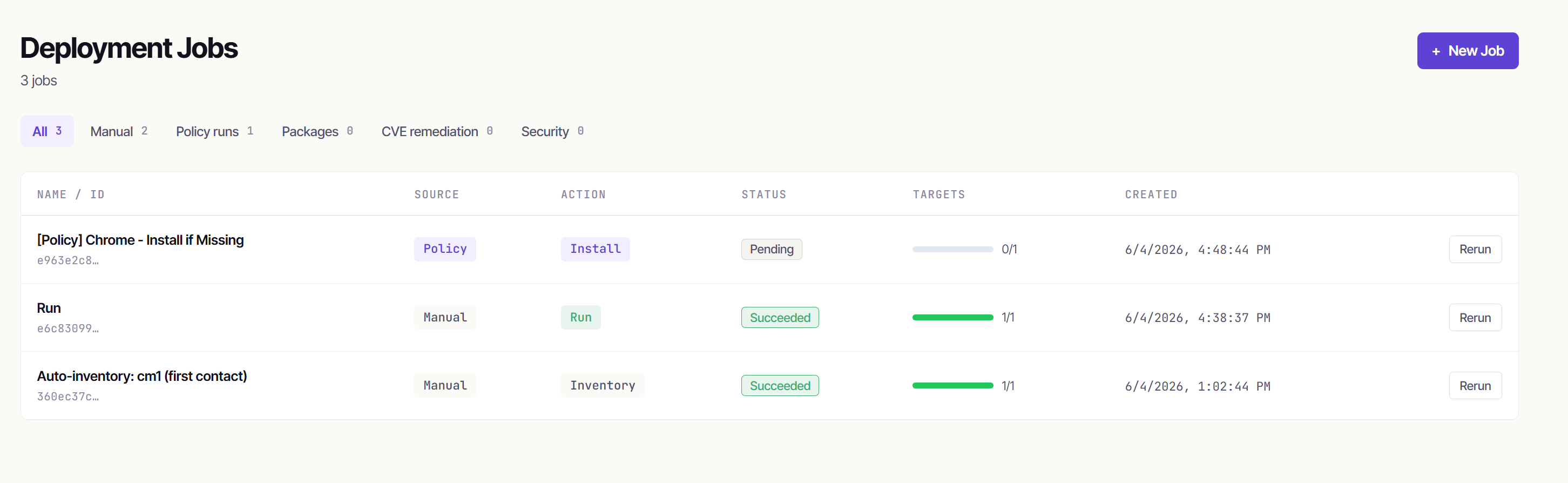 The Jobs page showing the policy's run