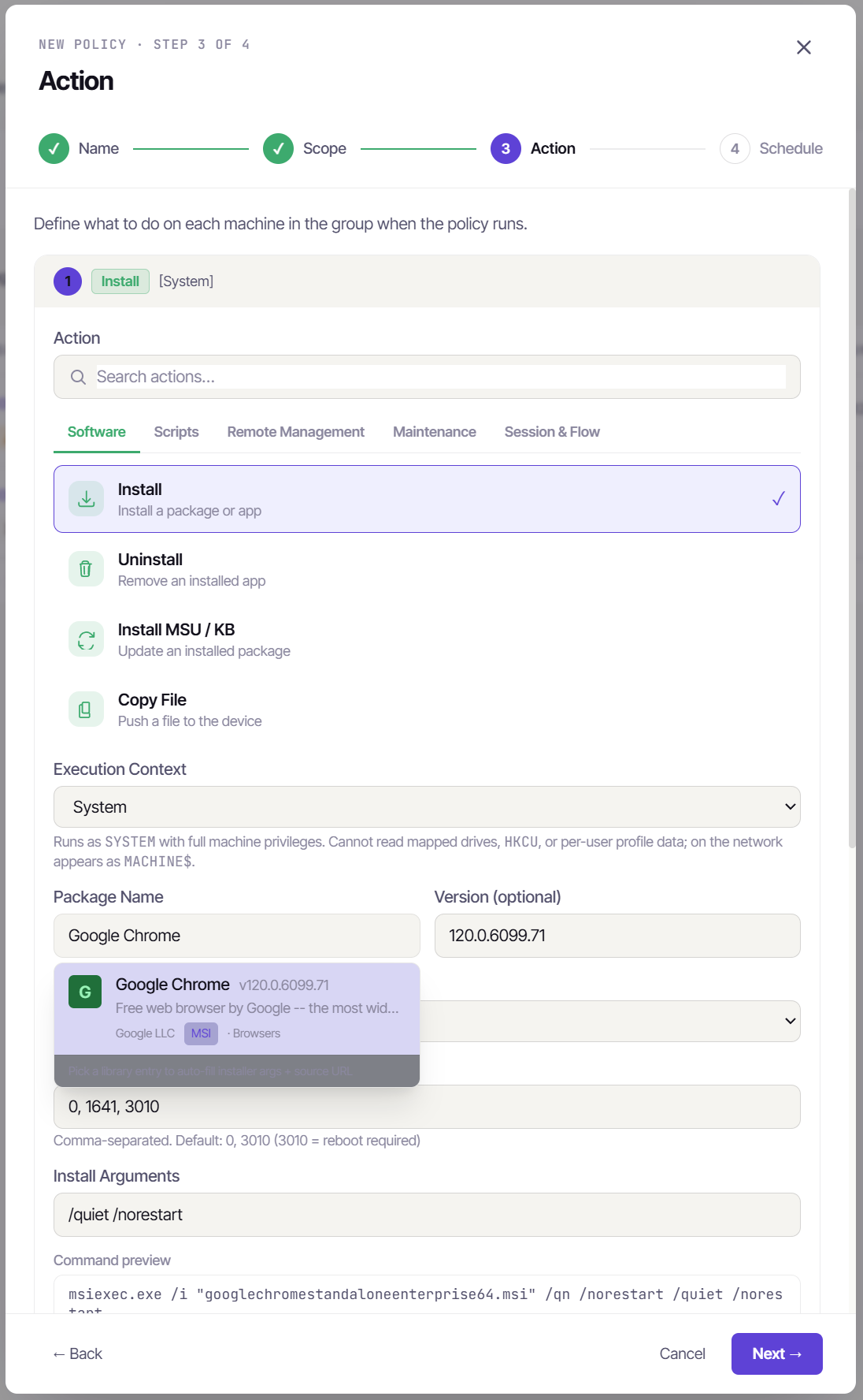 Policy wizard action step: picking Google Chrome from the package list