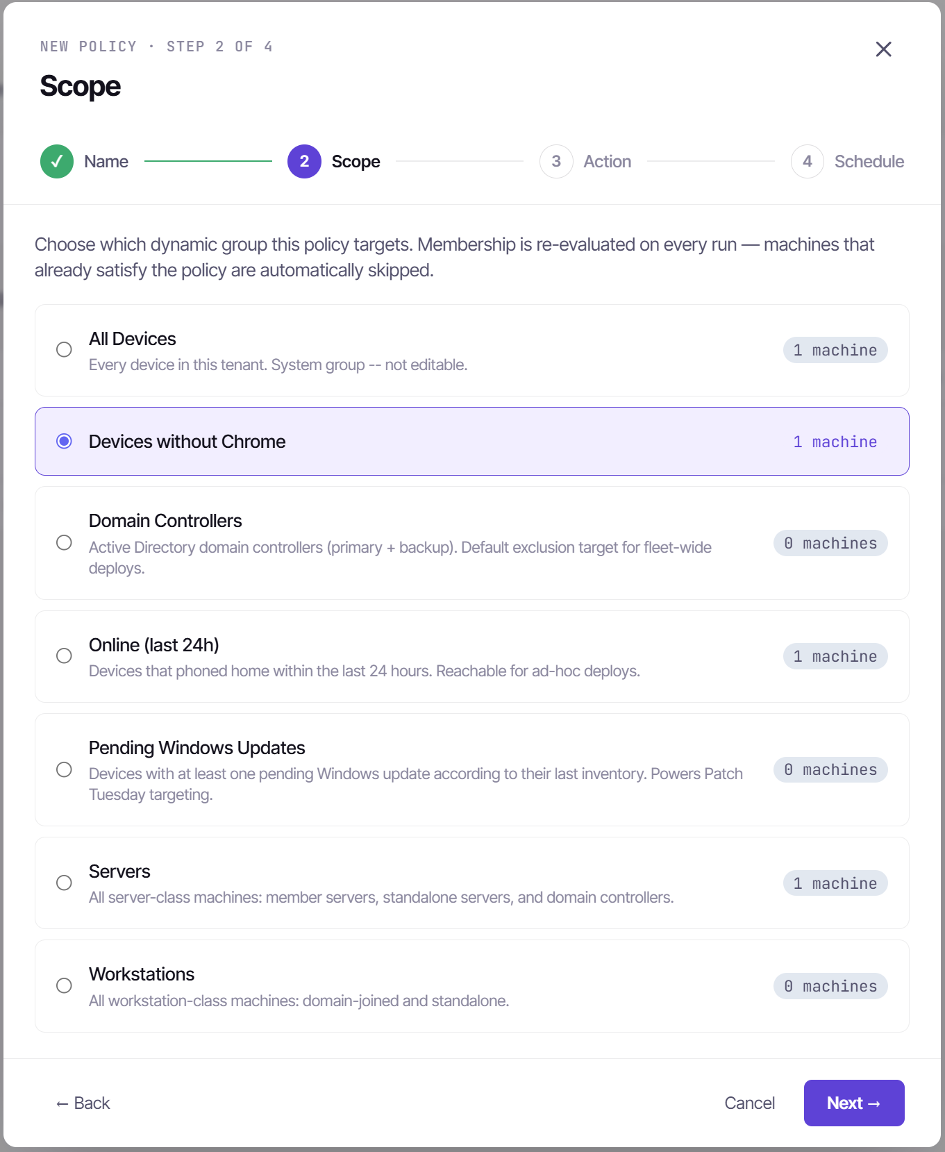 Policy wizard scope step: selecting the Devices without Chrome group