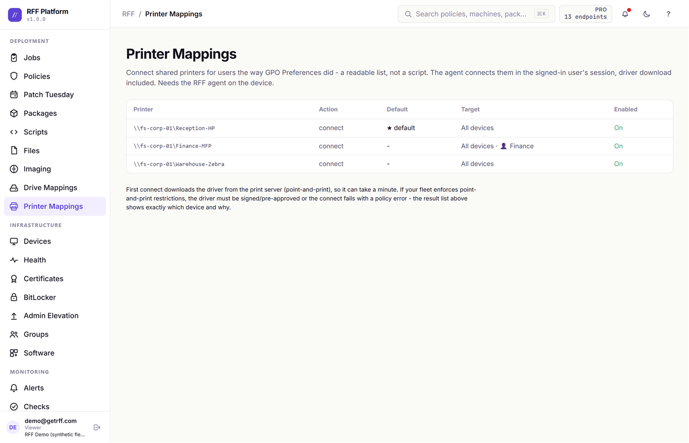 The Printer Mappings page: shared printers connected per user or device group