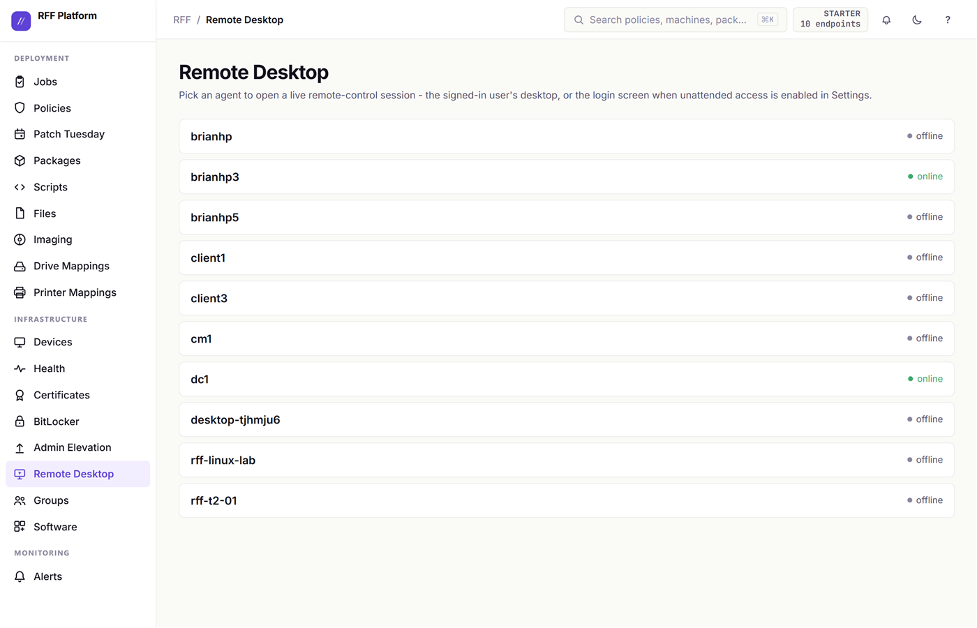 The Remote Desktop page: pick an online agent and open a live session