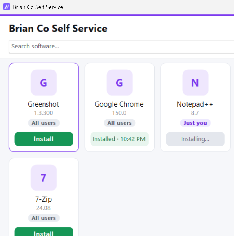 The self-service catalog on an endpoint, branded with the company name, showing install, installed, installing and failed states