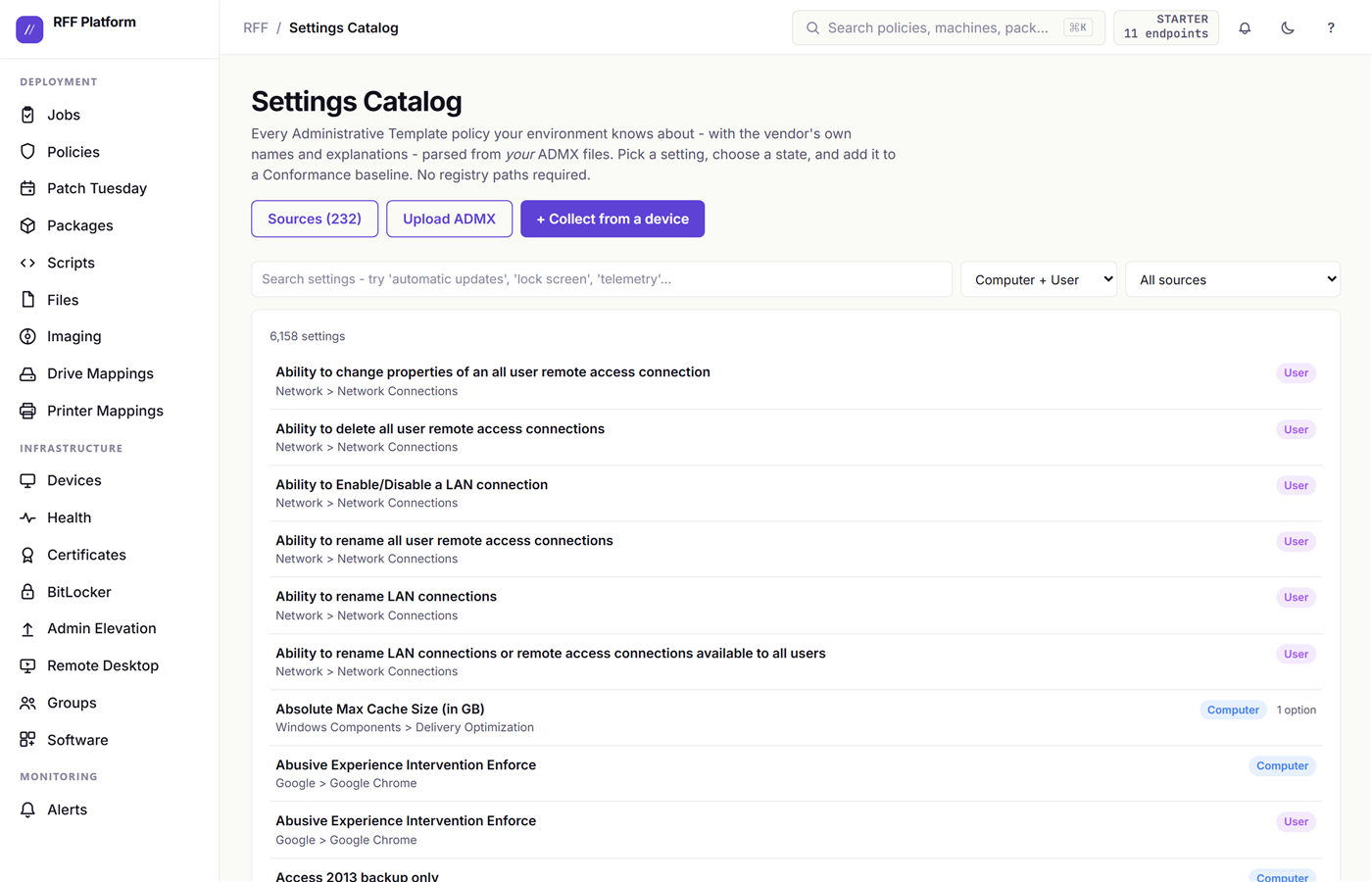 The Settings Catalog with thousands of parsed settings, source count, and the collect and upload buttons