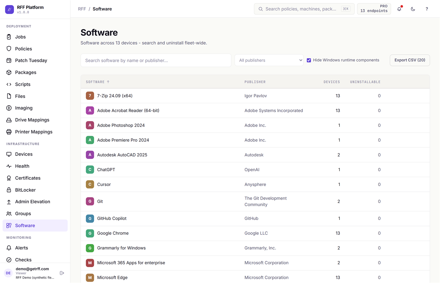 The Software page: installed software across the fleet with machine counts