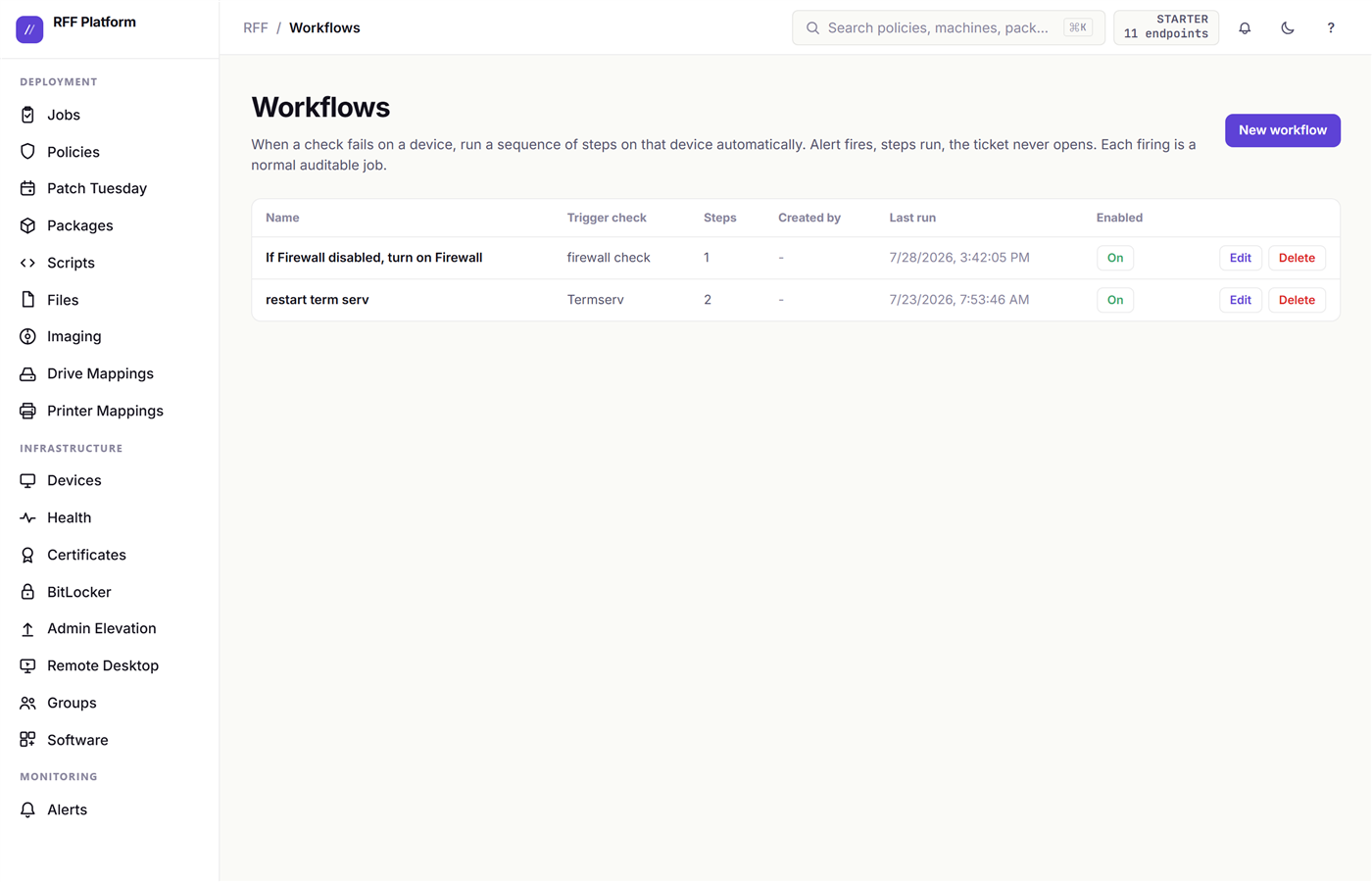 The Workflows page: check-triggered sequences that remediate the device that failed