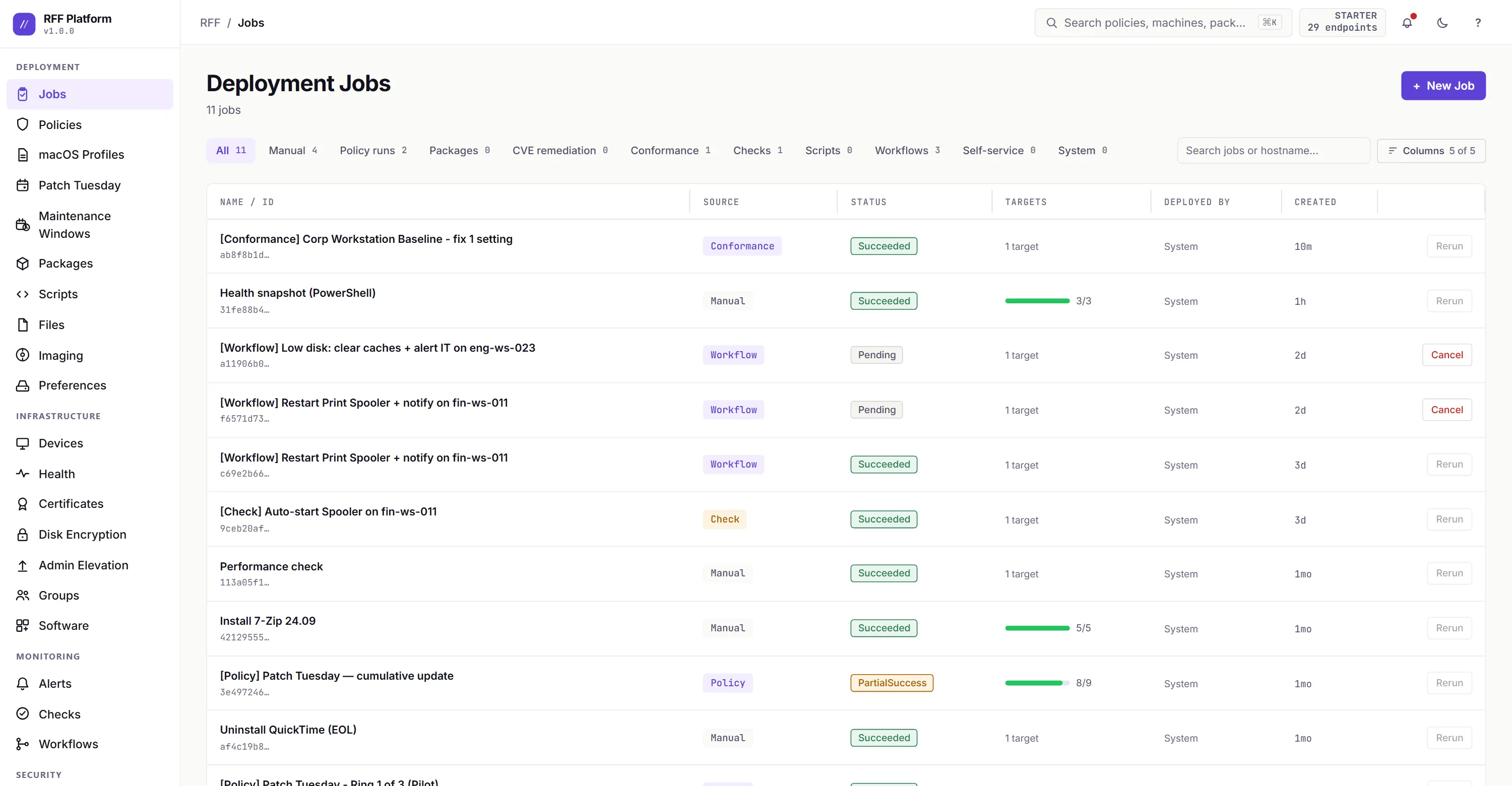 RFF Deployment Jobs list showing jobs with their source, status and target counts. A Patch Tuesday policy run reads PartialSuccess with 8 of 9 targets complete.